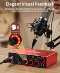 2x2 24 Bit 192 KHz Audio Interface With XLR And TRS Combo Input Monitor Mix And Loopback USB C Plug And Play One Cable Setup For PC Mac And IOS Recording Alloy Red Finish, shown with microphone