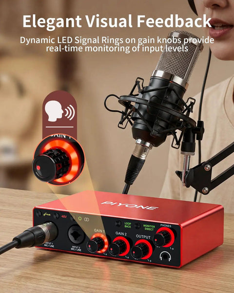 2x2 24 Bit 192 KHz Audio Interface With XLR And TRS Combo Input Monitor Mix And Loopback USB C Plug And Play One Cable Setup For PC Mac And IOS Recording Alloy Red Finish, shown with microphone