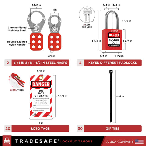 OSHA Compliant Electrical Lockout Tagout Kit with steel hasps, keyed padlocks, LOTO tags, and zip ties visible.