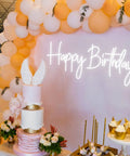 Birthday Neon Sign LED Wall Backdrop 23.6x9.45 Inches Custom Party Neon Light with cake and balloons setup