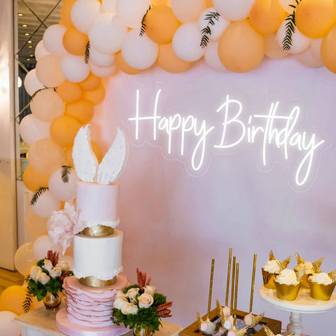Birthday Neon Sign LED Wall Backdrop 23.6x9.45 Inches Custom Party Neon Light with cake and balloons setup