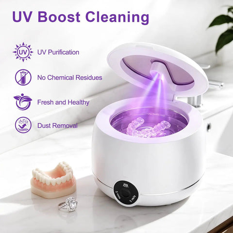 Dual Ultrasonic And UV Retainer Cleaner with open lid, UV light active, showcasing tray for dental appliances, 200ml tank