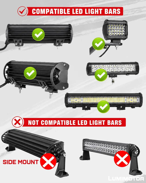 Diagram showing compatible and non-compatible LED light bars with 2 Pack Universal Light Bar Mount Brackets Adjustable For LED Pods And Cube Lights Fits Most Single Dual And Triple Row Light Bars Up To 54 Inches Off Road Ready With 2 Year Warranty.