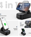 Cell Phone Stand With Instant Wireless Induction Speaker 1 Second Connection And No Pairing Needed All In One Desk Gadget With Bluetooth Speaker Phone Holder And 2000mAh Emergency Power Bank Perfect Gift For Men Women Dad Mom shown in 4-in-1 setup with phone charging.
