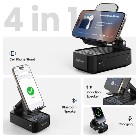 Cell Phone Stand With Instant Wireless Induction Speaker 1 Second Connection And No Pairing Needed All In One Desk Gadget With Bluetooth Speaker Phone Holder And 2000mAh Emergency Power Bank Perfect Gift For Men Women Dad Mom shown in 4-in-1 setup with phone charging.