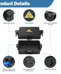 Mini Outdoor Electrical Box IP54 Waterproof Extension Cord Cover Weatherproof Junction Box For Plug Power Cord And Festive Lights Two Pack Black Durable Weather Resistant Box With Sealed Ports For Up To 12mm Cables And Easy Outdoor Use showing detachable buckle, warning label, and rubber sealing ring details