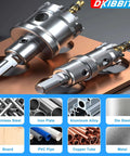 TCT hole saw set, 2-pack, 3/4 in tungsten carbide cutters with titanium-plated pilot bits on a copper plate