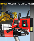 Heavy Duty Magnetic Drill Press 110V 1300W With Double Track Design For Metal Boring Up To 1.57 Inch Bore Diameter Includes Two Drill Bits, compact steel design view.