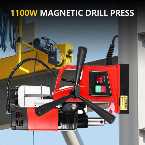 Heavy Duty Magnetic Drill Press 110V 1300W With Double Track Design For Metal Boring Up To 1.57 Inch Bore Diameter Includes Two Drill Bits, compact steel design view.