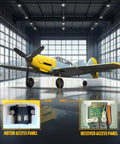 RC Plane BF109 Fighter 4 Channel RC Aircraft with Aileron and Gyro Stabilizer in hangar, close-up of motor and receiver panels, yellow.