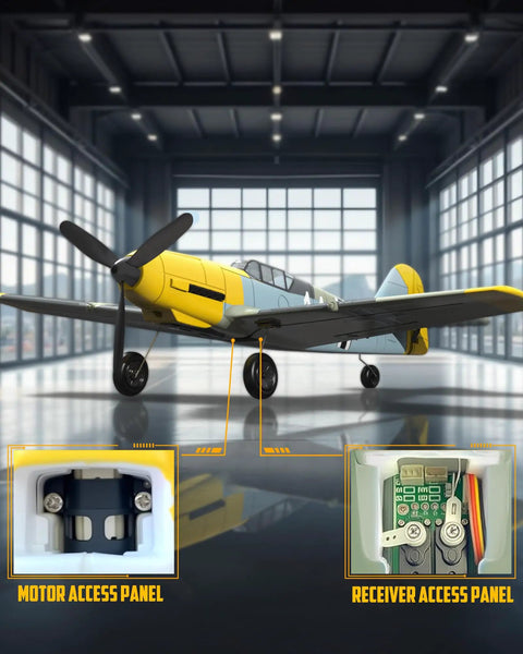 RC Plane BF109 Fighter 4 Channel RC Aircraft with Aileron and Gyro Stabilizer in hangar, close-up of motor and receiver panels, yellow.