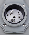 Close-up of Plug And Play 50 Amp Generator Inlet Box With NEMA SS2-50P showing interior prongs in a weatherproof design.