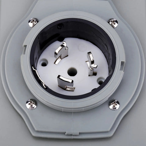 Close-up of Plug And Play 50 Amp Generator Inlet Box With NEMA SS2-50P showing interior prongs in a weatherproof design.