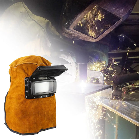 Leather Welding Hood With Flip Open Lens, cowhide mask with sparks and welding in background for Easy On Off Protection