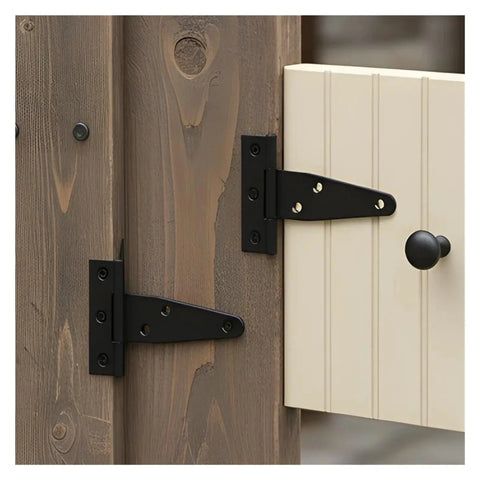 Heavy Duty Black Iron T Shaped Hinges Galvanized Rust Resistant Barn Door Hardware on wood and cream door.