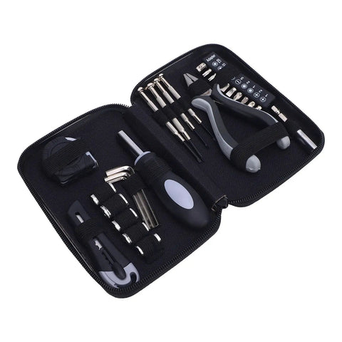 Image of Must Have Home Repair Starter Tool Kit With Ten Bit Set Four Screwdrivers Tape Measure Pliers Hex Wrenches In Durable Iron Storage Box For DIY Beginners And Homeowners.