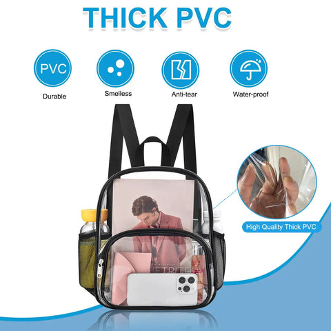 Clear Stadium Backpack Passes Security Easily 12x12x6 Inches With Thick PVC Material, Front Pocket, and Shoulder Straps