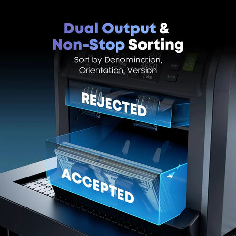 Pro Money Counter Machine With Built In Receipt Printer For Mixed Denomination And Multi Currency, 2 Pocket Sorter displaying accepted and rejected notes