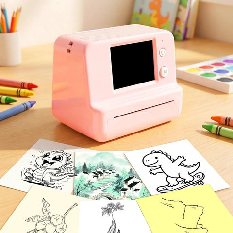 Totally Rad Pink Mini Thermal Printer With AI Voice Recognition And Built In Display Convert Speech To Line Art Instantly on a table with sketches.