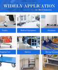 Collage of industrial caster wheels in use: trolleys, medical equipment, furniture, shopping carts, shelves, moving equipment