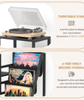 Bikoney Multi-Functional Record Player Stand And Guitar Rack For Acoustic Electric Bass With Amp Shelf, tiered vinyl storage and turntable.