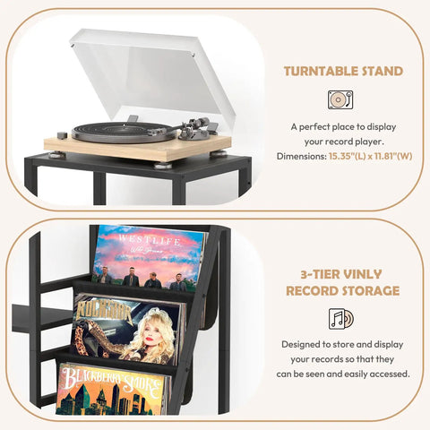 Bikoney Multi-Functional Record Player Stand And Guitar Rack For Acoustic Electric Bass With Amp Shelf, tiered vinyl storage and turntable.