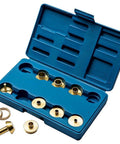 11-Piece Router Guide Bushing Kit For Templates, Patterns, Or Jigs with storage case, brass bushings, and lock nuts.