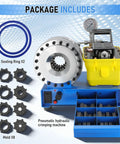 Heavy Duty Pneumatic Hydraulic Hose Crimper With Eight Interchangeable Dies For 3/8 To 1-1/4 Inch Hoses Pumping Out 40MPa showcasing molds and sealing rings.