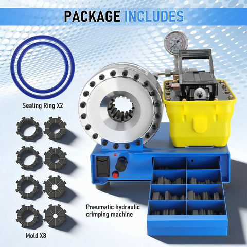 Heavy Duty Pneumatic Hydraulic Hose Crimper With Eight Interchangeable Dies For 3/8 To 1-1/4 Inch Hoses Pumping Out 40MPa showcasing molds and sealing rings.
