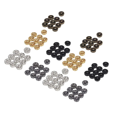 100 Pack Mini Metal Snap Button Kit 5mm Sew On Fasteners for Doll Clothes shown in various colors and layouts