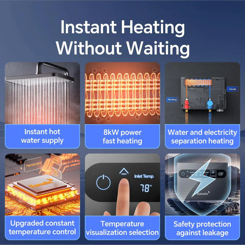 Sleek Compact 8kw Tankless Electric Water Heater Pumping Hot Water On Demand With Steady Thermostatic Control And Bright Led Panel Made Easy For Fast Bathroom Or Kitchen Upgrades Featuring Slim Wall Frame That Lets You Hook Up To 240v Circuits Without - Instant hot water supply with temperature control display.