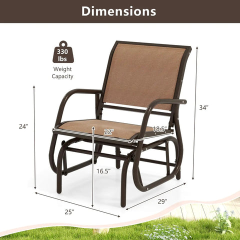 Comfy Outdoor Swing Glider Chair With Iron Frame And Cushioned Fabric Non Slip Feet Patio Rocker For Porch Garden And Backyard Lounging Perfect For Living Room Or Outdoor Use In Brown, dimensions shown