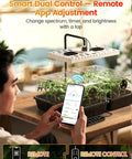 Person adjusting Full Spectrum LED Grow Light Seed Starter Kit With 80 Cell Tray, 30W Heating Mat And Adjustable Dome using app on phone