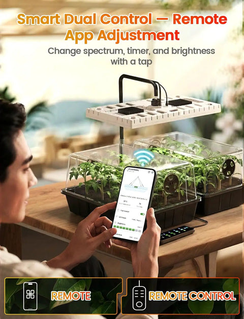 Person adjusting Full Spectrum LED Grow Light Seed Starter Kit With 80 Cell Tray, 30W Heating Mat And Adjustable Dome using app on phone