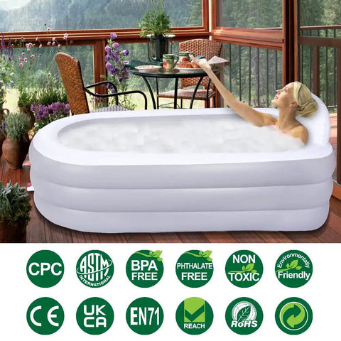 Woman relaxing in Portable Bath Tub For Adults With Backrest, 65 By 34 By 28 Inches, Foldable Spa Bath Tub With Pump, Gray White