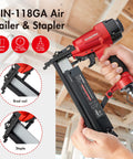 Person holding 18 Gauge Pneumatic Brad Nailer And Crown Stapler 2 In 1 Nail Gun For Carpentry DIY Projects And Woodworking