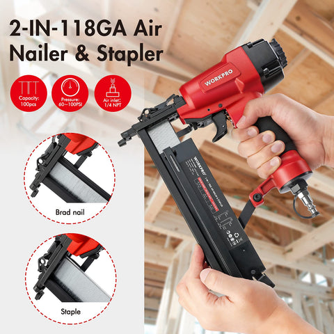 Person holding 18 Gauge Pneumatic Brad Nailer And Crown Stapler 2 In 1 Nail Gun For Carpentry DIY Projects And Woodworking