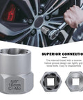 14 Piece Pro Grade Bolt Extractor Kit With Impact Nut Remover Set And Three Eighths Inch Adapter, shown in use on a tire