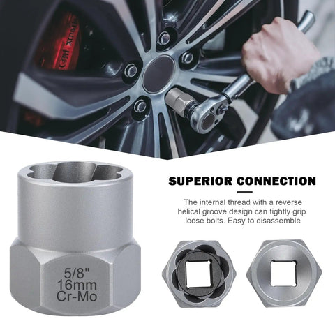 14 Piece Pro Grade Bolt Extractor Kit With Impact Nut Remover Set And Three Eighths Inch Adapter, shown in use on a tire