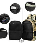 Soft Shadow Neutral Plant Print Unisex Backpack open showing compartments and pockets for organization, large capacity 12.6 x 7.3 x 16.5 inches.