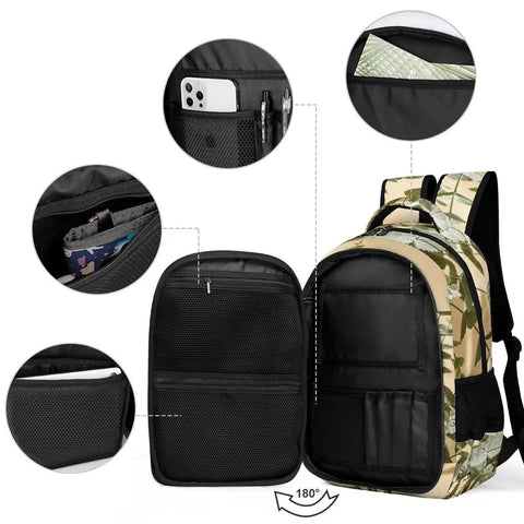 Soft Shadow Neutral Plant Print Unisex Backpack open showing compartments and pockets for organization, large capacity 12.6 x 7.3 x 16.5 inches.