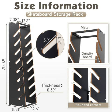 Wooden Skateboard Rack Floor Stand 8 Layer Display Organizer For Storage Of Decks Longboards Standard And Mini Cruiser Boards Garage Space Saving Solution For Home And Shop size and material details