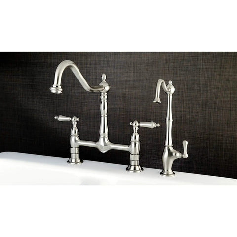 Heritage Eight Inch Bridge Kitchen Faucet Without Sprayer Brushed Nickel Solid Brass Construction Built To Last Ceramic Disc