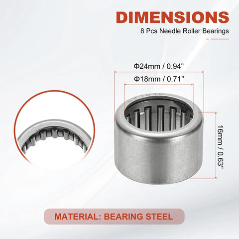 8Pcs 18x24x16 mm Needle Roller Bearings Full Complement Drawn Cup Open End Steel For Gearbox Use Silver Finish High Precision