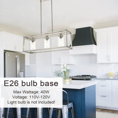 Rectangle Chandelier With 3 Lights In Brushed Nickel Finish, Modern Ceiling Light Fixtures For Dining Room