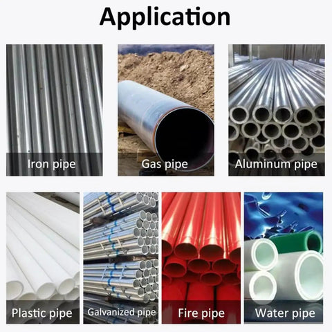 Various types of pipes including iron, gas, aluminum, galvanized, fire, plastic, and water pipes for Badass 110V Electric Pipe Threader.