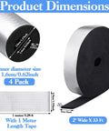 Product dimensions of self adhesive pipe insulation foam tube kit with 32.8 ft of 2 inch wide foam and four strips 1.31 ft long 0.4 inch thick.