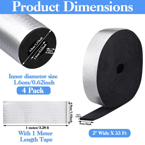 Product dimensions of self adhesive pipe insulation foam tube kit with 32.8 ft of 2 inch wide foam and four strips 1.31 ft long 0.4 inch thick.