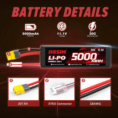 Heavy Duty 5000mAh 11.1V 30C 3S LiPo Battery With XT60 Plug For One Eighth And One Tenth RC Cars Trucks And Drones