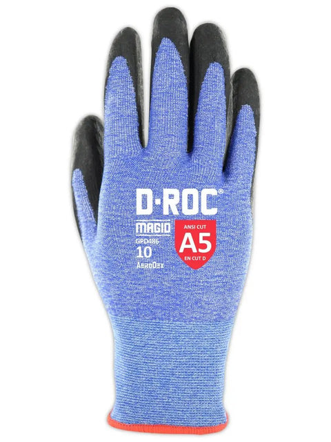 AeroDex 18 Gauge ANSI A5 Cut Resistant Work Gloves With Foam Nitrile Palm Coating, close-up of blue glove, Size Large 9